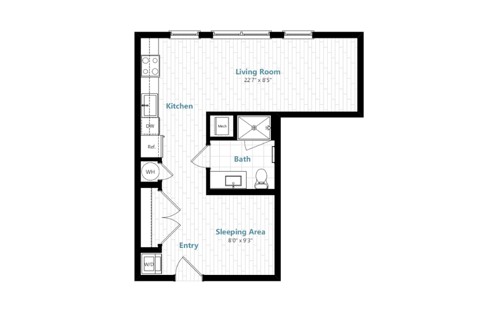 S5 - Studio floorplan layout with 1 bathroom and 606 square feet