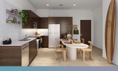 kitchen with ample counter-space, modern appliances and bright lighting